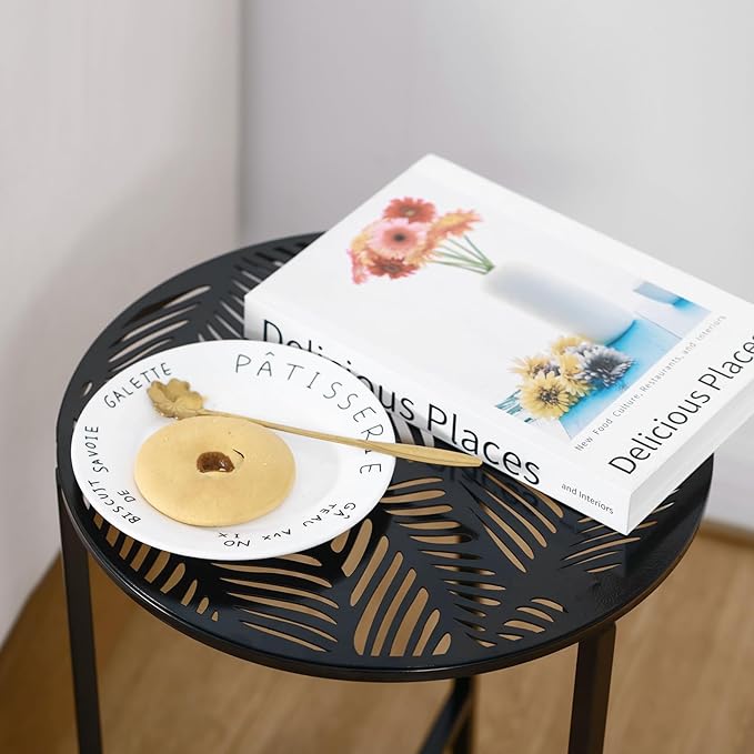 2 Packs 13" Metal Outdoor Side Tables Small Black Outside End Table for Patio Round Accent Corner Stand for Small Spaces Weather-Resistant Coffee Table for Balcony Porch Plant Stand, Palm Leaf