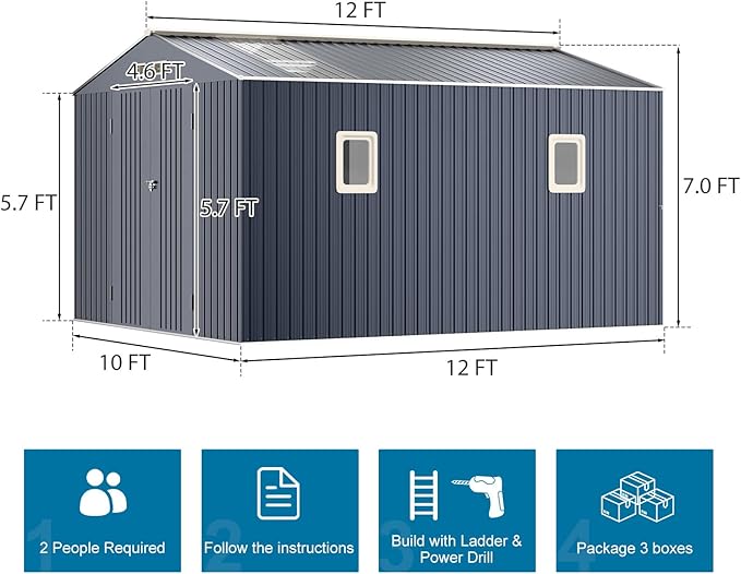 Restland 10x12 FT Metal Storage Shed Reinforced Frame Outdoor Shed with Clear Roof, Air Vent & Lockable Door Large Garden Tool Storage Sheds for Backyard, Garden, Lawn