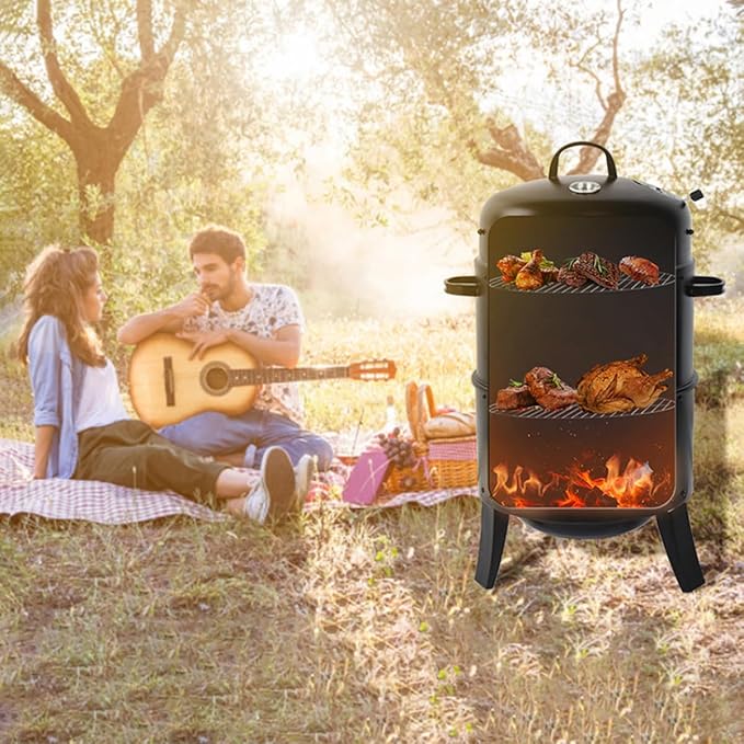 BBQ Charcoal Smoker for Meat 15 Inch Heavy Duty BBQ Charcoal Grills Vertical Barbecue Smokers Grill for Outdoor Cooking Patio Backyard Picnic Party