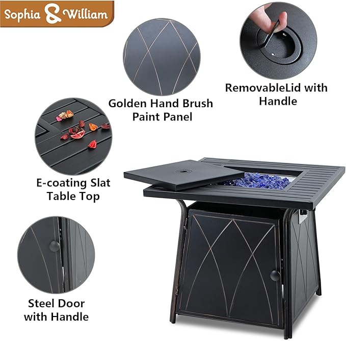 Sophia & William Gas Fire Pit Table 28 Inch 50,000BTU Square Outdoor Propane FirePits 2 in 1 Auto-Ignition Patio Fireplace for Outside with Lid and Blue Fire Glass, Black