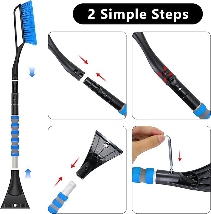 37'' Snow Brush and Ice Scraper for Car Windshield, Aluminum Extendable Snow Removal Tool for Car Window with Foam Grip for SUV Truck Auto Vehicle Winter Accessories - Blue