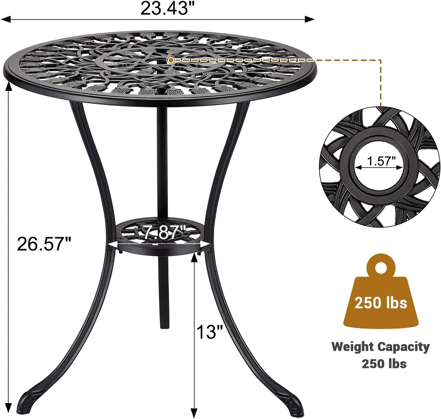 24" Outdoor Round Patio Bistro Table, Cast Aluminum Outdoor Cafe Table with 2 inch Umbrella Hole for Porch,Backyard,Garden, Tulip Pattern, Black