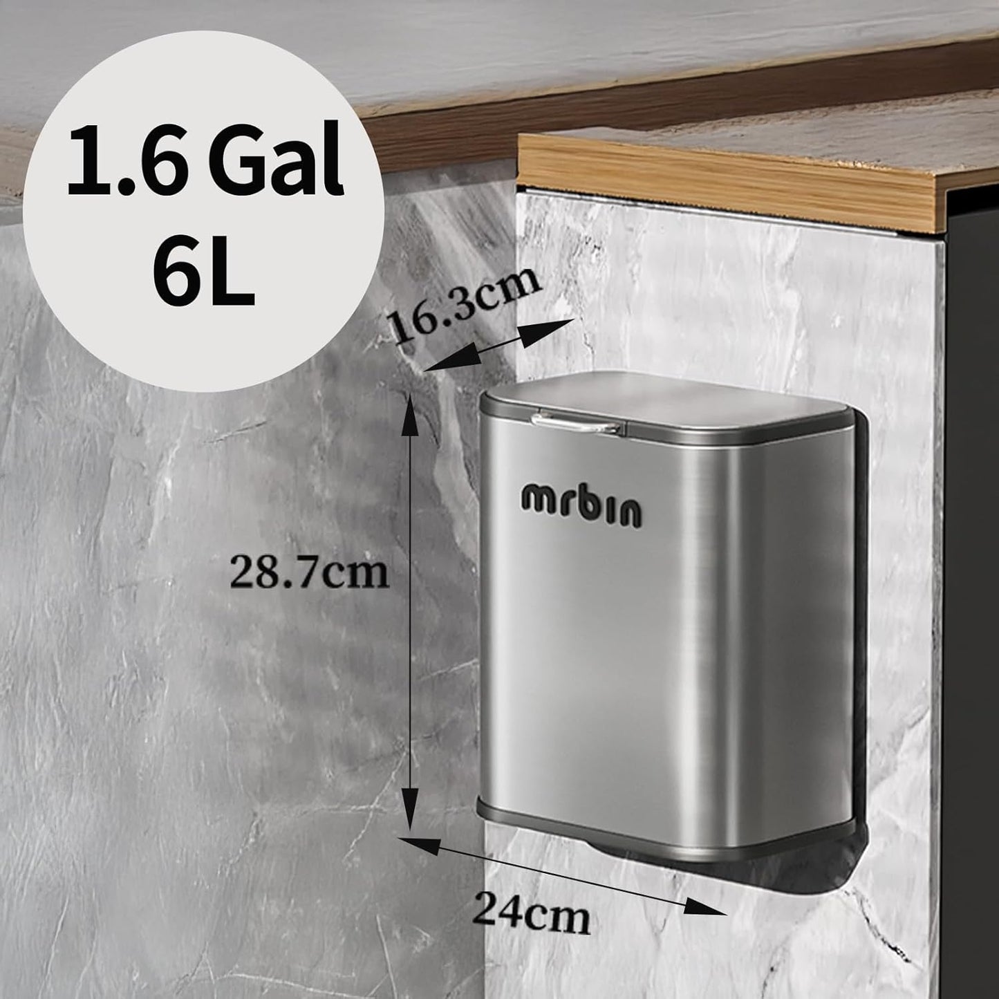 MRBIN Kitchen Stainless Steel Compost Bin with Lid Countertop, 6l / 1.6gal Small Indoor Hanging Trash Can for Cabinet Door, Small Under Sink Food Scraps Garbage Pail, Eclipse-Grey