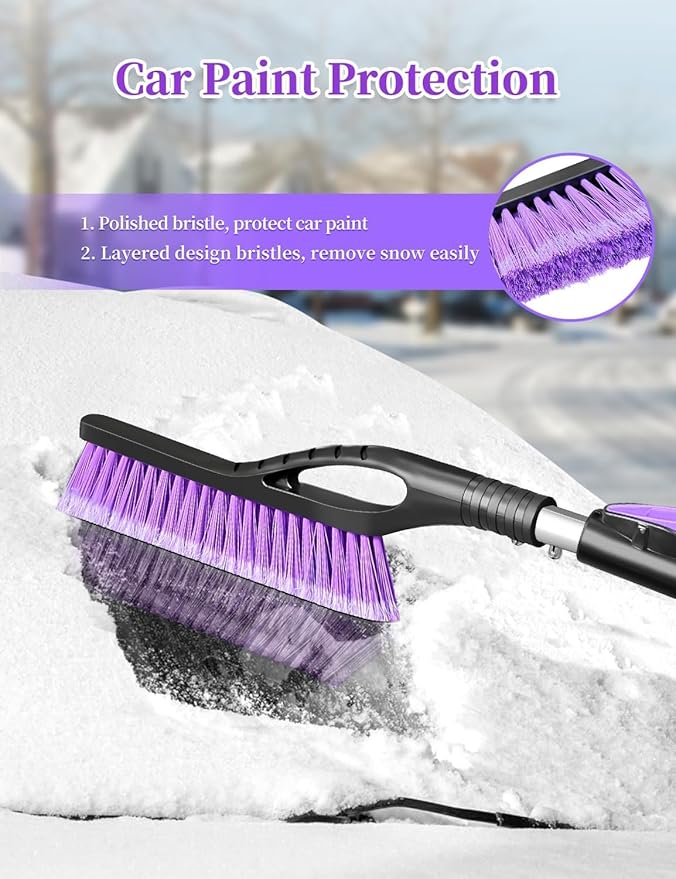 HEEYA 2 Pack Ice Scraper and Brush for Car, Extendable Snow Brush with Ice Scraper for Car Windshield Window, Car Snow Scraper with Foam Grip for SUV Truck Automobile Vehicle - Purple & Blue