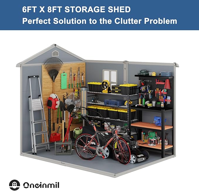 Outdoor Storage Shed, 8X6 FT Resin Shed with Floor and Lockable Doors, 260 CU.FT Waterproof Patio Storage Cabinet, Plastic Construction for Outdoor Storage