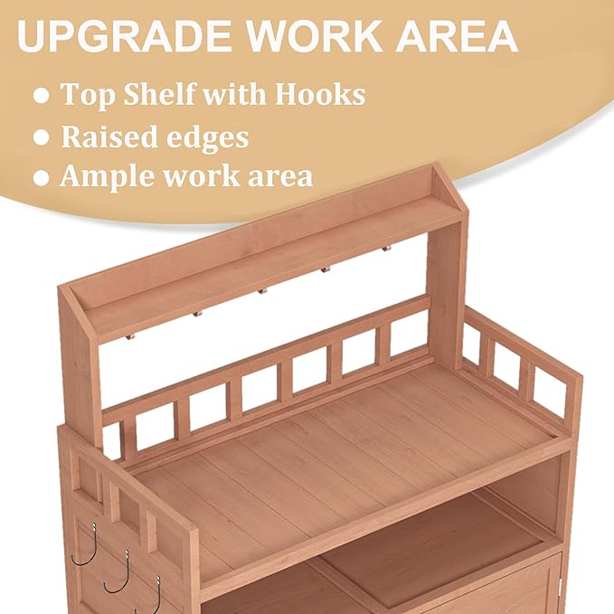 Outdoor Brown Wood Potting Bench - Spacious Gardening Table with Storage Cabinet & Top Shelf - Ideal for Planting and Organizing Your Garden!