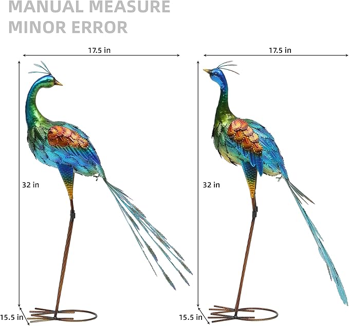 32" Metal Peacock Yard Decor - Handmade Oversize Peacock Sculptures with Stable Ground Stakes, Backyard Decoration, Metal Garden Art.
