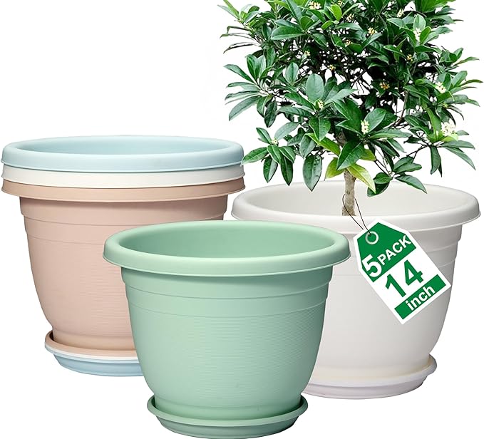 5 Packs 14 inch Flower Pots + Saucer, Planters for Indoor & Outdoor Plants with Drainage Holes | Plastic Flower Pots, Large Planter (Colorful, 14 inch)