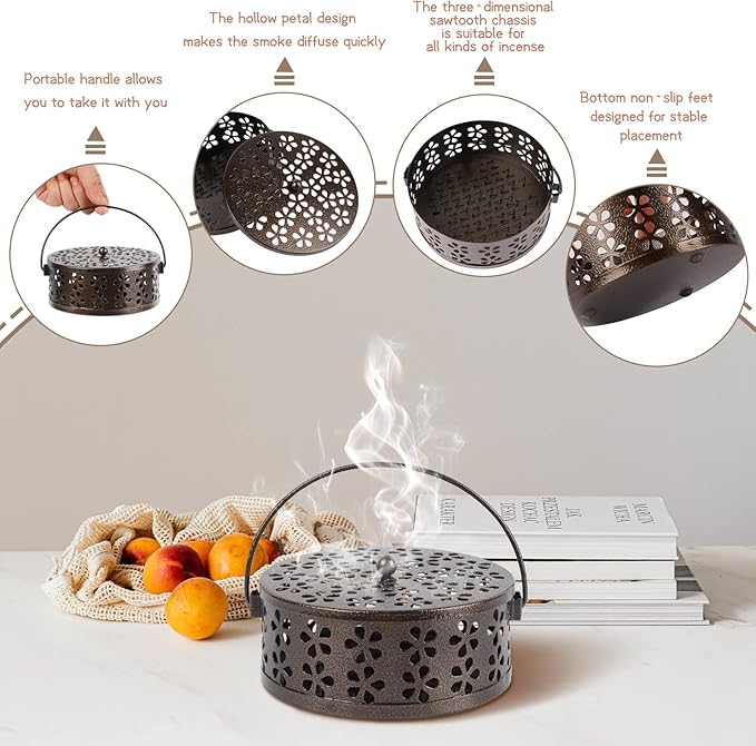 Portable Iron Mosquito Coil Holder with Handle Round Heat-Resistant Incense Holder for Home Office Camping (Bronze)