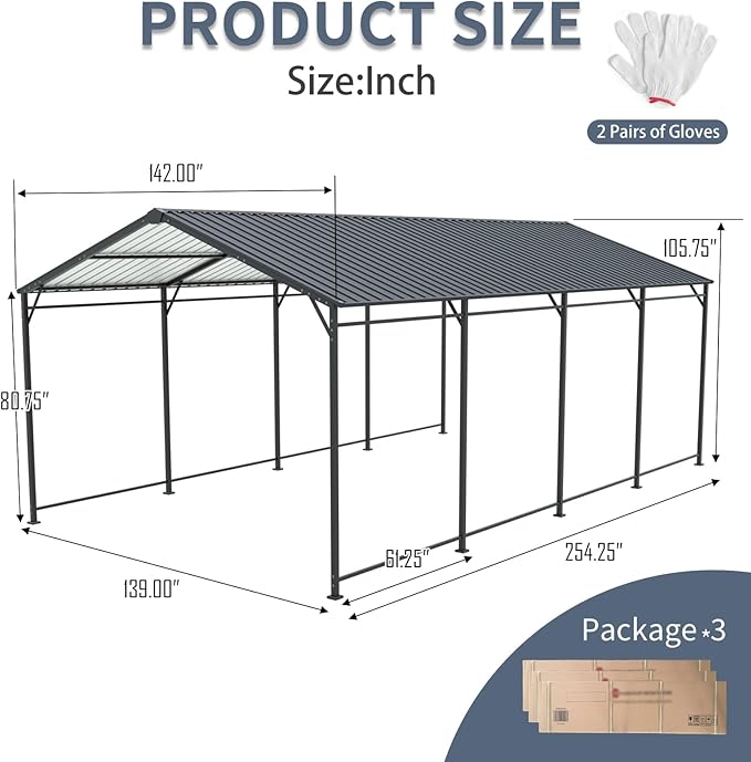 Carport, Heavy Duty Carport with Galvanized Steel Roof and Frame, Metal Large Garage with 4 Fixed Inclined Square Tube Supports (12 * 21 FT)