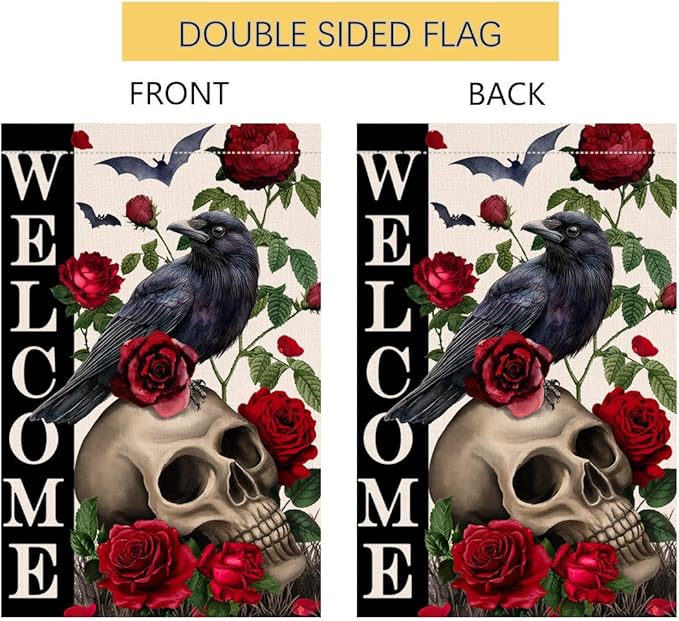 BLKWHT Halloween Skull Rose House Flag 28x40 Vertical Double Sided Black Crow Bat Welcome Fall Holiday Outside Decorations Burlap Yard Flag BW838-40