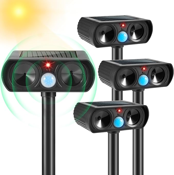 2025 Solar Ultrasonic Animal Repellent Cat Repellent Outdoor Solar Animal Repeller with Motion Detection Waterproof Deer Repellent Device to Repel Raccoon Rabbit Squirrel Skunk Fox(4Pack)
