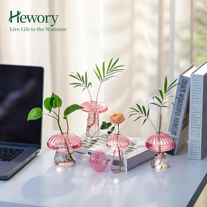 Hewory Mushroom Jars for Plants, 10pcs Pink Glass Mushroom Bud Vase for Flowers, Unique Plant Propagation Stations Propagating Vases Decor, Mini Cute Hydroponic Terrarium Planter for Indoor Planters