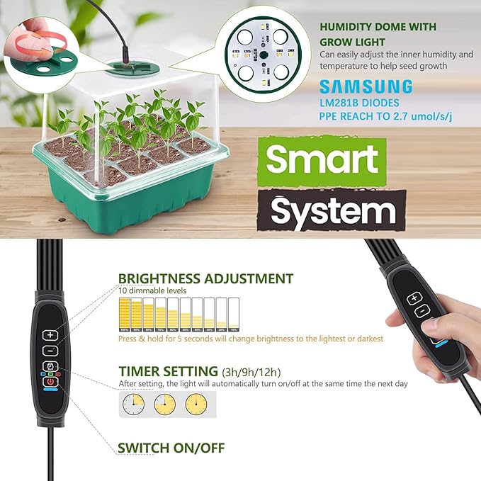 Seed Starter Tray 5 Packs Seedling Starter Trays with Grow Light 8 LEDs, Timer, Dimmable, Seed Starting Trays Kit with Humidity Dome (60 Cells) Indoor Gardening Plant Germination Tray