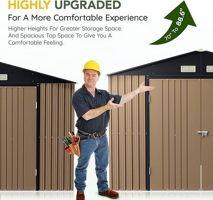 Breezz Outdoor Storage Shed 10 x 10ft. Utility Tool Shed Metal Storage Garden Shed with Lockable Doors, Windows & Metal Frame Floor for Patio Storage,Brown