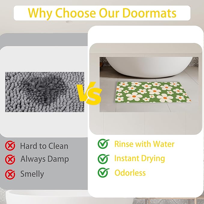 Door Mat,70s Groovy Flowers Welcome Mat Indoor,Green Floral Non-Slip Outdoor Entry Mat for Home Entryway, Low Profile Floor Rugs for Entry Patio, Porch, Hallways 30 x 17 Inch