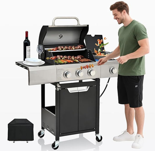 3-Burner Propane Gas BBQ Grill with Side Burner, Porcelain-Enameled Cast Iron Grates and Grills Cover, 40,500 BTU Stainless Steel Grill for Outdoor Camping Barbecue Grilling Backyard Cooking