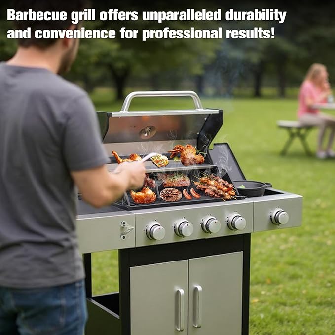 CIG GARDEN 4 Burner Propane Gas Grill with Side Burner,3 in 1 Propane Gas BBQ Grill,Double-layer Stainless Steel BBQ Grill Lid with Cast Iron Grates,52000 BTU Output for Camping, Patio, Backyard