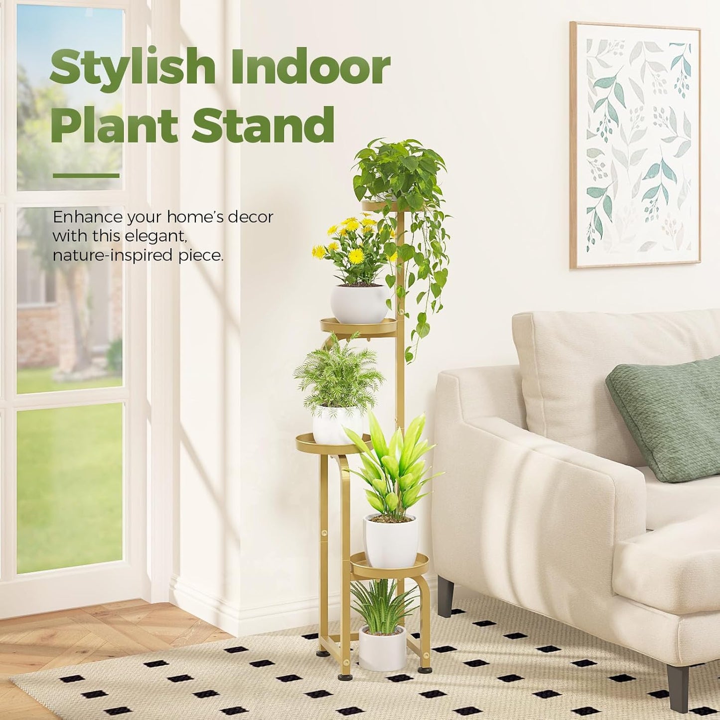 Bamworld Corner Plant Stand Indoor Outdoor, Tall Metal Flower Pot Stands for Multiple Plants, 4 Tier Gold Heavy Duty Plant Shelf for Patio Garden Balcony Living Room Bedroom(Patent Design)