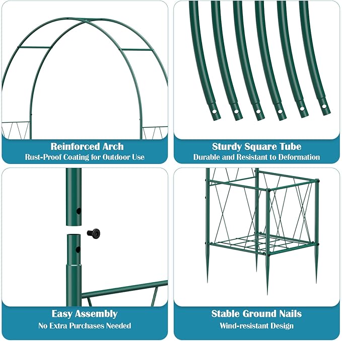 8.2Ft Garden Arch Trellis with Planter Boxes for Climbing Plants Outdoor, Metal Wedding Arch Frame for Ceremony, Pumpkin Archway Garden Arbors and Arches for Christmas Bridal Party Decoration(Green)