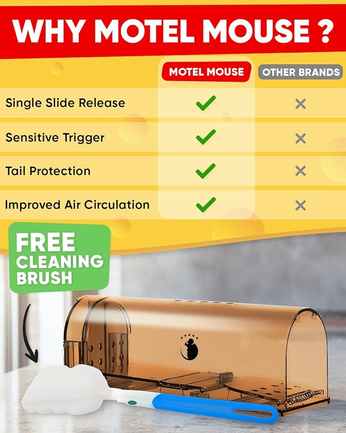 Motel Mouse Humane No Kill Live Catch and Release Mouse Traps, Reusable with Cleaning Brush - 2 Pack