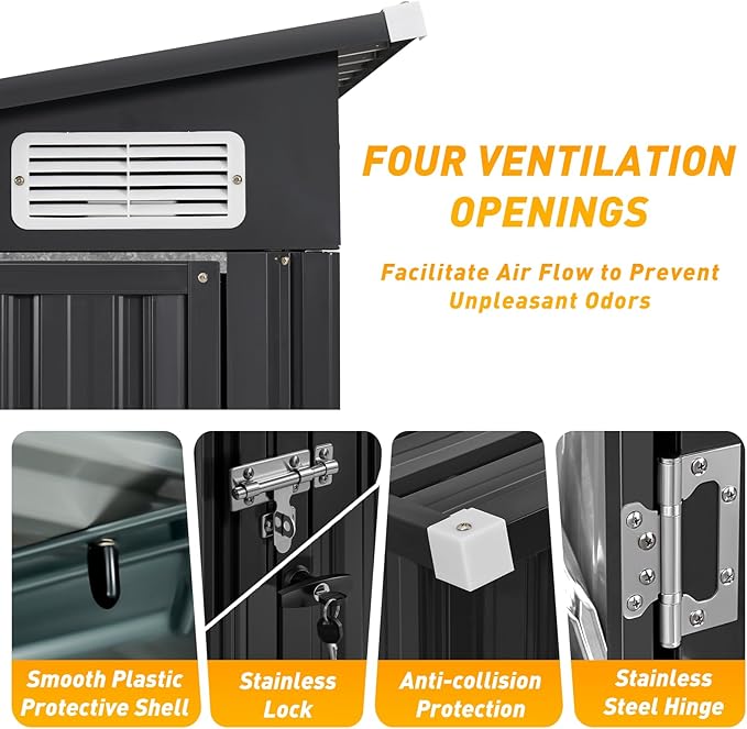 8'x4' Shed Galvanized Steel Storage Sheds with Triple Doors Utility Sheds for Vertical Storage, Dual Lock Lean to Shed with Sloped Roof for Mower, Bike, Garden Tools (Black)