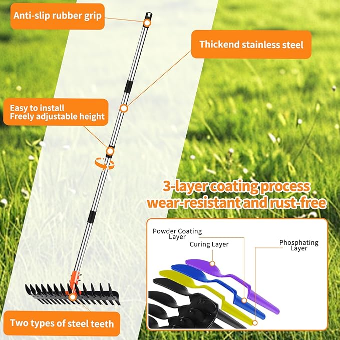 Thatch Rake - 15" Dethatcher Rake for Lawns with Upgraded Dual-Action Tines, Efficient Garden Rake with 57" Adjustable Handle, Heavy Duty Steel Metal Rakes with Reusable Yard Waste Bag & Gloves