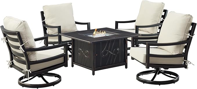Oakland Living Black Aluminum Patio Fire Table Set with Four Club Chairs with Light Grey Cushions
