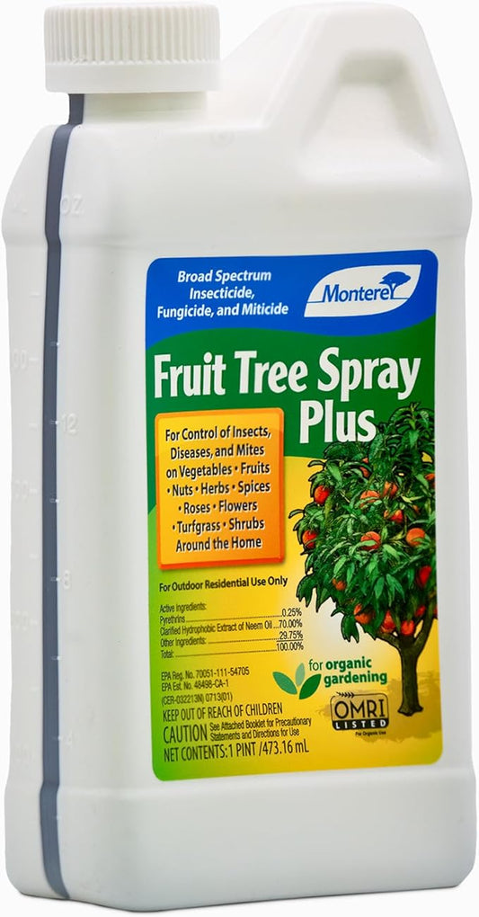 Monterey Fruit Tree Spray Plus for Control of Insects, Diseases, and Mites - Organic Gardening OMRI Listed, Contains Neem Oil and Pyrethrins - 15 oz