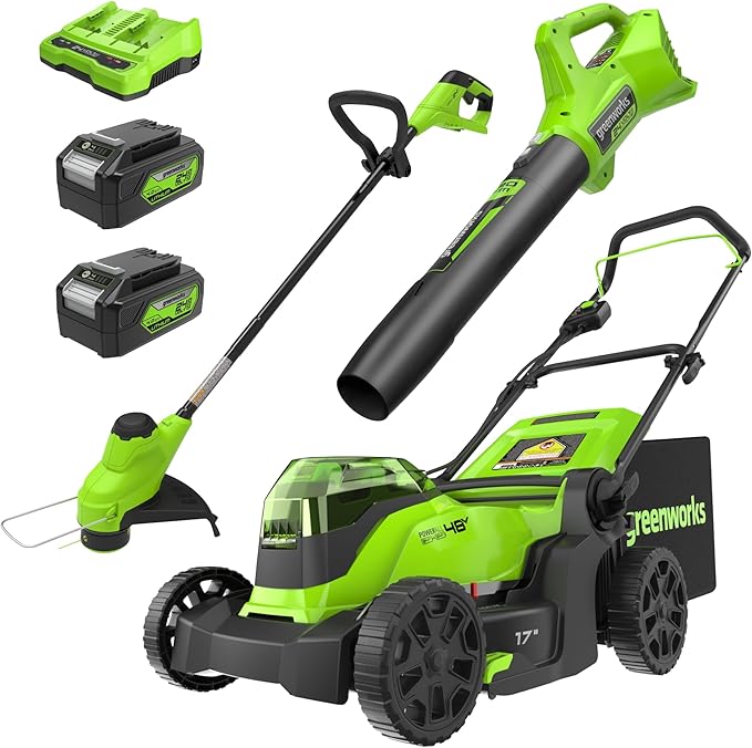 Greenworks 48V (2x24V) 17" Brushless Mower+12" String Trimmer +320CFM Blower,(2) 4.0Ah Batteries and 2A Dual Port Charger