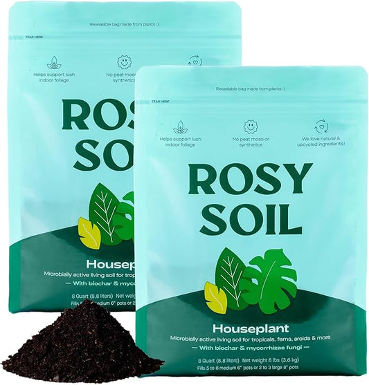 Rosy Soil Indoor Potting Soil for House Plants, 2 x 8 qrt - Organic Potting Soil Mix for Indoor Plants -Enriched w/Root-Boosting Biochar for Foliage Plants, Flowers, Herbs - Pack of 2