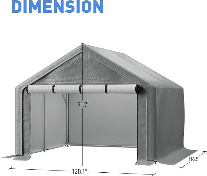Outdoor Storage Shelter, 10x10 ft Portable Shed with Roll up Zipper Door, Waterproof and UV Resistant Anti-Snow, Heavy Duty Carport for Storing Garden Tools, Outdoor Equipment
