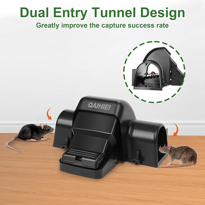 Rat Chipmunk Traps, Reusable Dual-Entry Tunnel Traps for Rats Mice Better Capture Rate, Covered Snap Trap for Humane Kill Indoor Outdoor for Home, Farm, Restaurants, 4 Pack