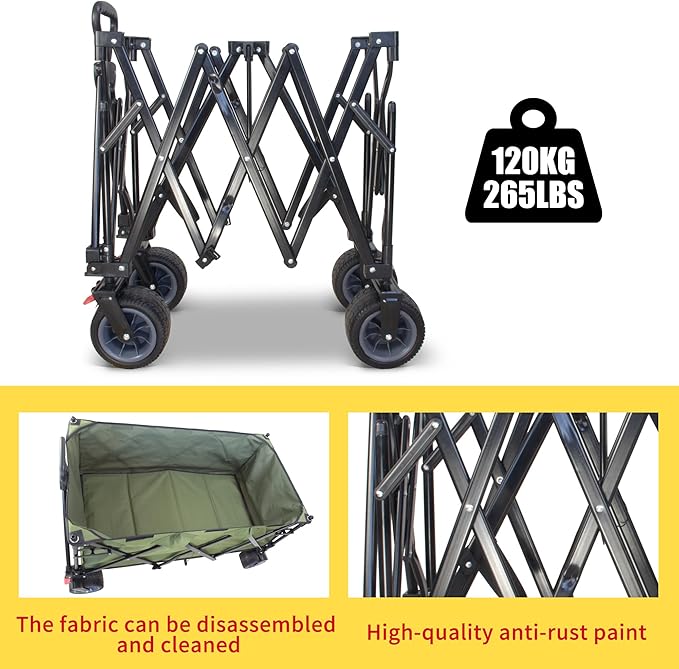 TMZ Collapsible Wagon 445L Extra Large Outdoor Utility Cart, Heavy Duty Carts Foldable with All-Terrain Big Wheels, Canopy and Brakes, Utility Beach Wagon for Outdoor Garden (Green)