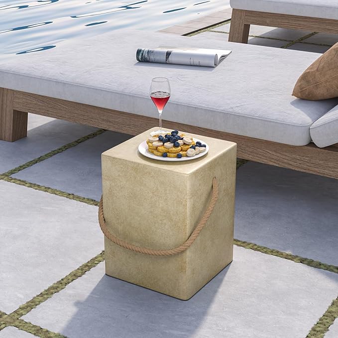 COSIEST Rectangular Concrete Side Table,15'' Outdoor Side Table w Hemp Rope Handles,Patio Side Tables Accent End Coffe Table for Garden and Patio, Beige