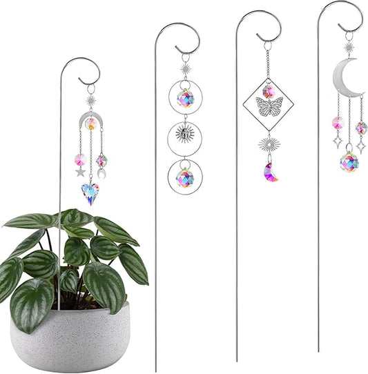 HDCRYSTALGIFTS 4 Pack Crystal Sun Catchers with Small Trellis for Potted Plants Indoor Plant Stake Suncatcher Decoration for Home Window Garden, Sliver