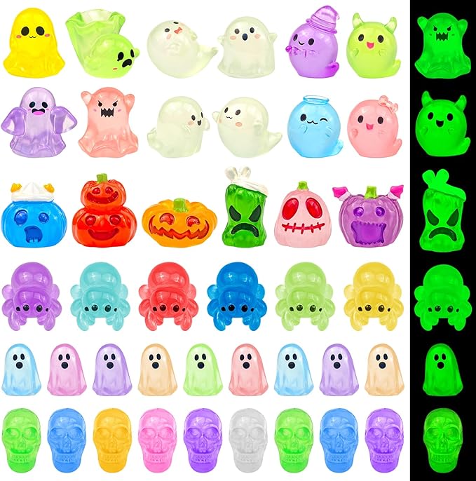 60 Pcs Halloween Luminous Mini Resin Figures Glow in The Dark Tiny Little Resin Pumpkin Ghost Spider Skull Miniature Figurines for Crafts Micro Landscape Fairy Garden Party Decor