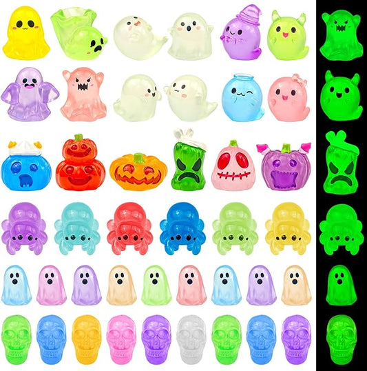 60 Pcs Halloween Luminous Mini Resin Figures Glow in The Dark Tiny Little Resin Pumpkin Ghost Spider Skull Miniature Figurines for Crafts Micro Landscape Fairy Garden Party Decor
