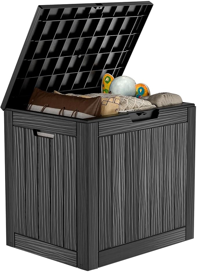 30 Gallon Resin Deck Box,Lockable Outdoor Storage Box for Patio Cushions Storage Furniture,Garden Tools,Pool Supplies, Weatherproof and UV Resistant- Black