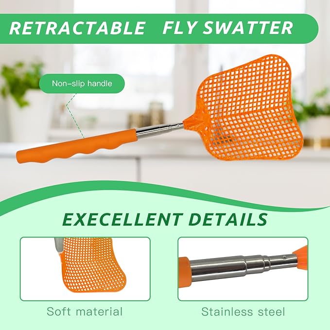 MYSTICHOME Fly Swatter 1 Pack, Durable Heavy Duty Plastic Fly Swatters, Stainless Steel Telescopic FlySwatter for Indoors/Outdoor/Kitchen/Garden (Orange)
