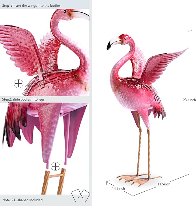 Garden Flamingo Statues and Sculptures, Outdoor Metal Bird Yard Art, Pink Flamingos Lawn Ornament for Patio Backyard Porch Decorations