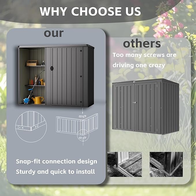 6×3 FT Metal Outdoor Storage Shed with Shelves, Lockable Waterproof Garden Tool Shed, Robust Backyard Patio Shed with Sloped Roof for Lawn Mower, Dark Gray (No Floor)