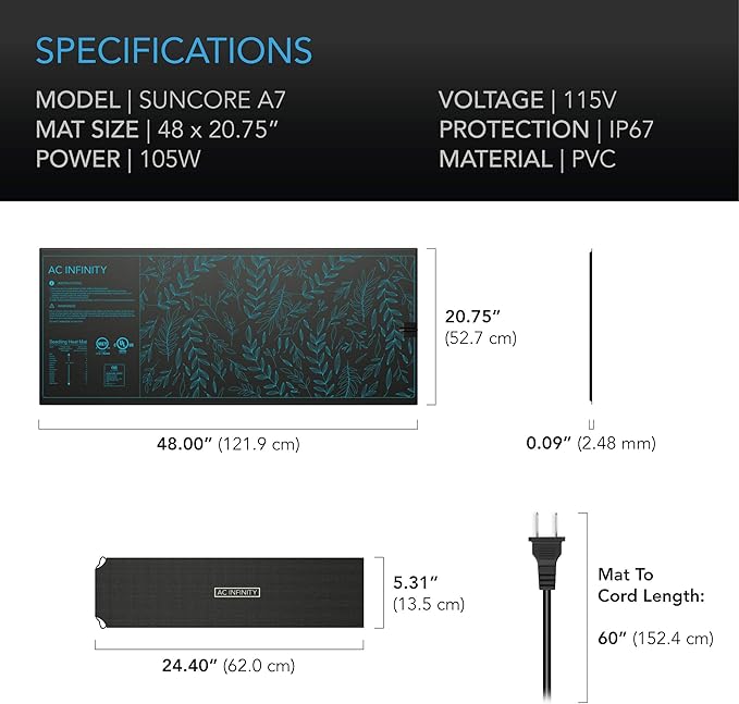 AC Infinity SUNCORE A7, Waterproof Seedling Heat Mat 48" x 20.75" MET & UL-Certified Heating Pad for Indoor Gardening, Hydroponics, Germination, Cloning