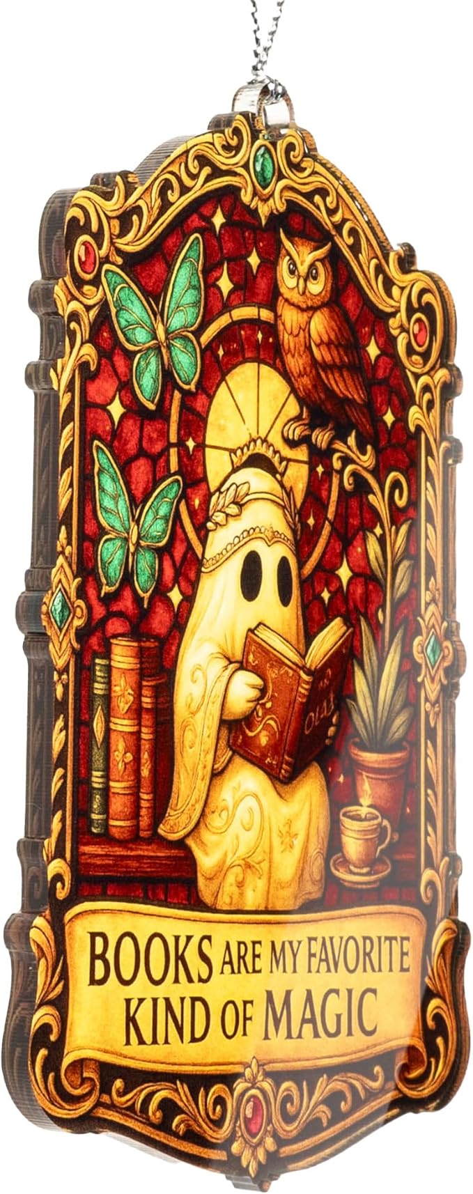 Book Lover Ghost Ornament – book lover – halloween gifts – gothic decor – christmas ornament – Suncatcher effect window hanging – Car Hanging