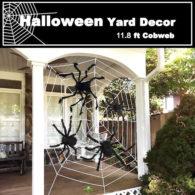 Halloween Spider Decorations, Aitey Halloween Scary Giant Spider Set with 4 Large Fake Spider, Spider Web, 20 Small Plastic Spiders, Cobwebs for Window Wall and Yard Outdoor Halloween Decor