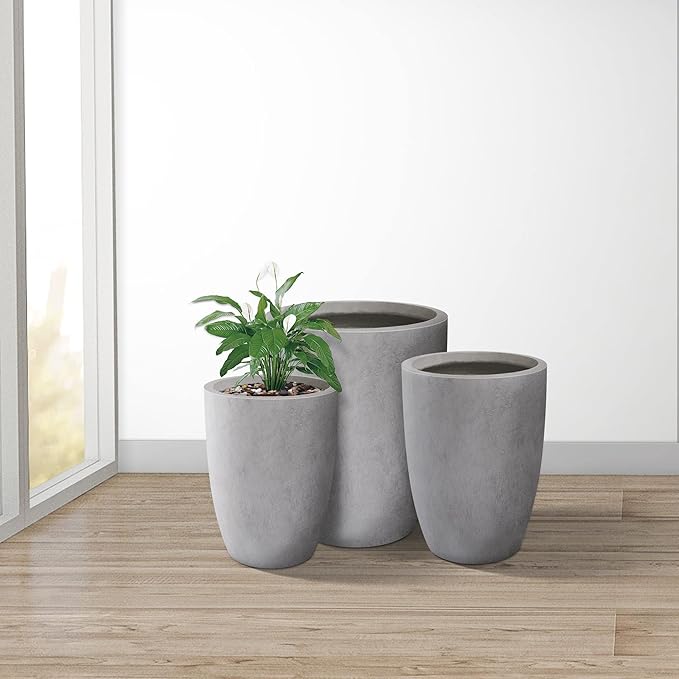 Kante 18.1",20.5",22.4" H Tall Round Concrete Planters Set of 3, Outdoor Indoor Modern Decorative Plant Pots with Drainage Hole & Rubber Plug for Home & Garden Natural Concrete