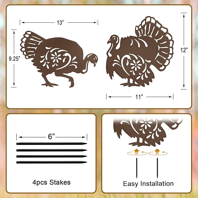 Set of 2 Metal Turkey Outdoor Decorations, Thanksgiving Decor Garden Stake,Fall Yard Porch Sign for Outside