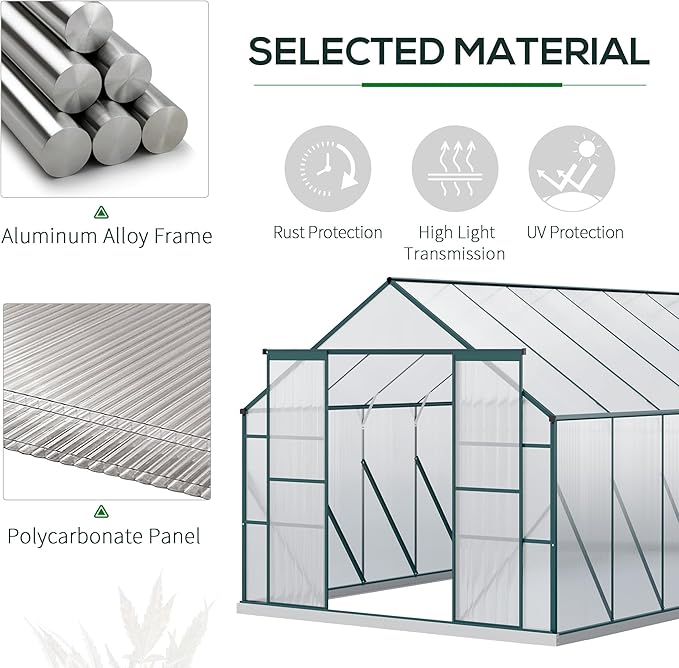 Outsunny 16' x 8' Aluminum Greenhouse Polycarbonate Walk-in Garden Greenhouse Kit with Adjustable Roof Vent, Rain Gutter and Sliding Door for Backyard, Patio, Clear