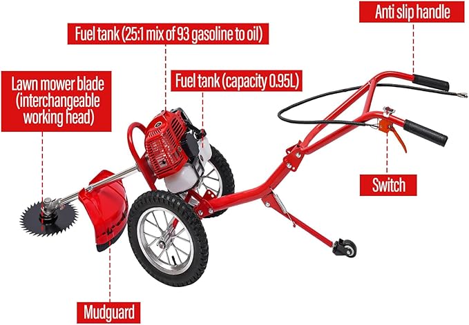 49CC 2-Stroke Gas Powered Lawn Mower, Hand Push Lawn Mower Trimmer, Brush Mower Gasoline Brush Broom Sweeping Machine, Gas Brush Cutter String Trimmer for Yard