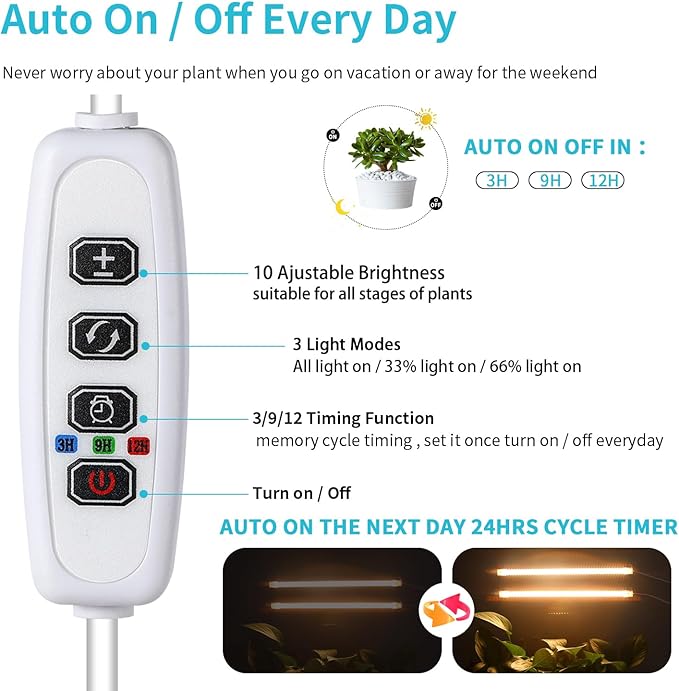 LED Grow Light Strips for Indoor Plants Full Spectrum 3500K, 96 LEDs Plant Light Bar with 3/9/12H Timer, 10 Dimmable Levels for Seedling Succulent and Shelf, 13 Inches, 1 Head 2 Pack
